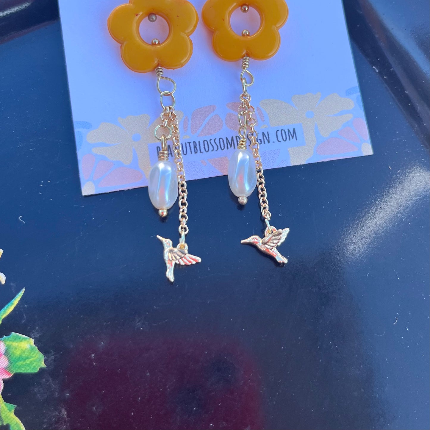 Orange Pearl Humming Bird Earrings