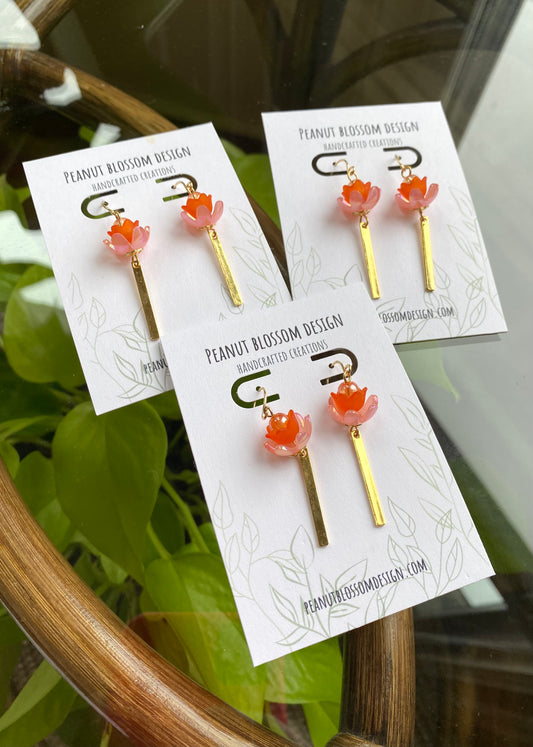 Orange and Pink Tulip Earrings with Gold Dangle Bars