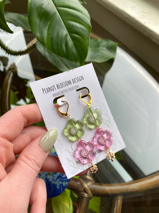 Green and Pink Dangle Flower Earrings