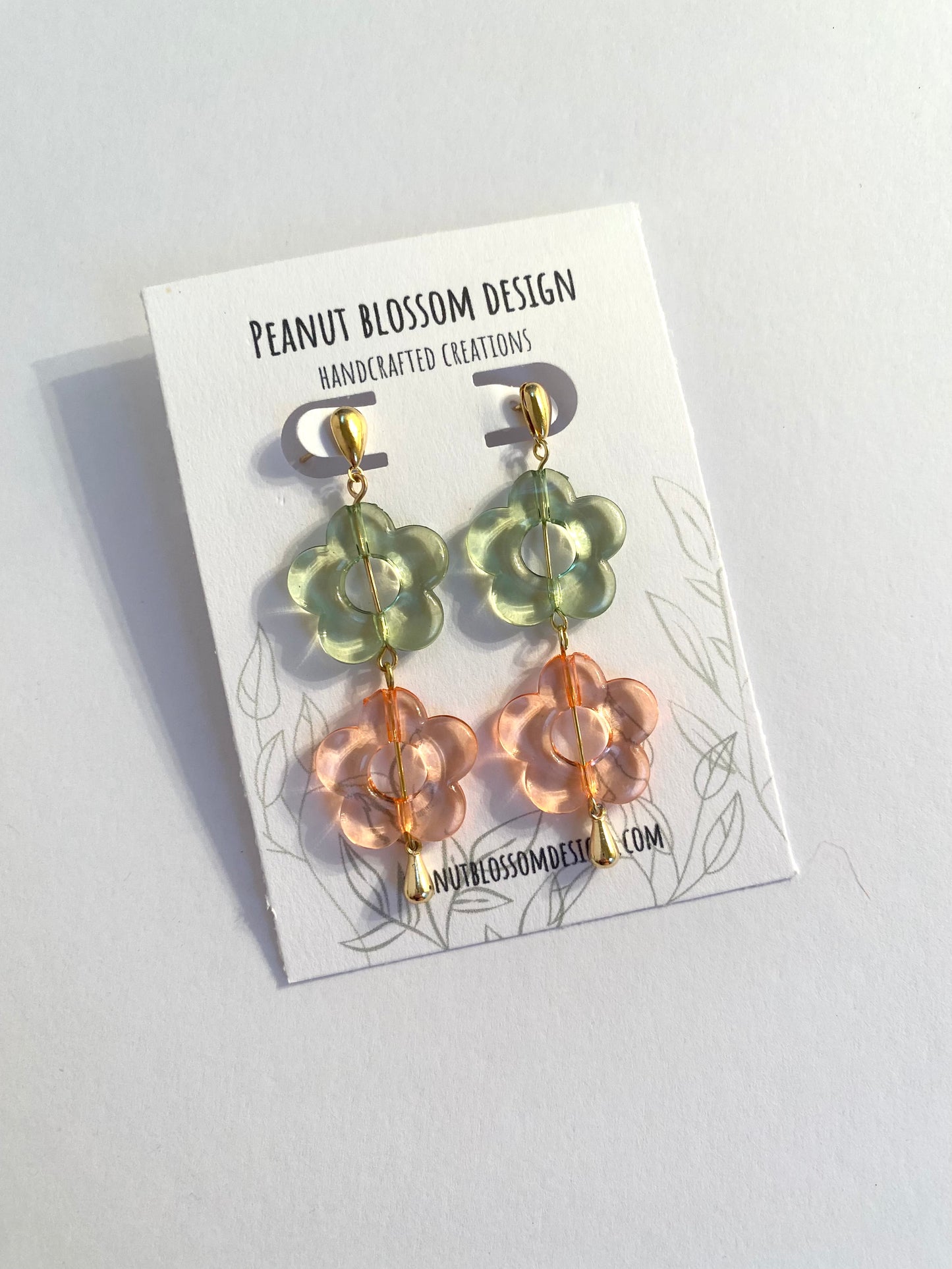 Pastel Pink and Green Flower Earrings with Gold Tear Drop Post