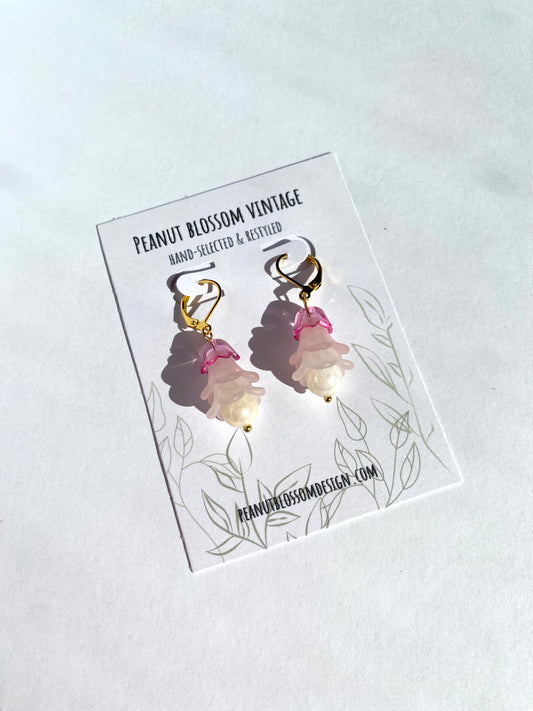 Layered Pink Petal Earrings with Pearl Bead