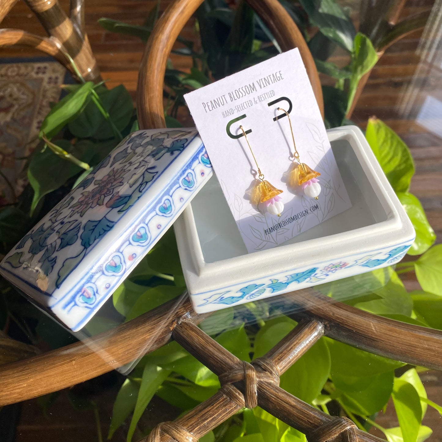 Yellow and Lavender Long Scalloped Earrings