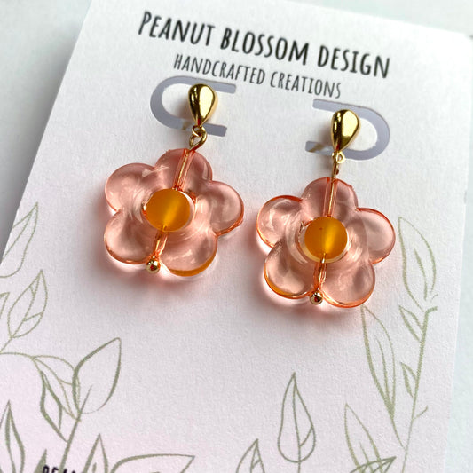 Pink Flower Earrings with a Matte Orange Center