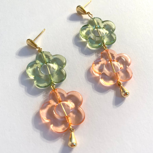 Pastel Pink and Green Flower Earrings with Gold Tear Drop Post