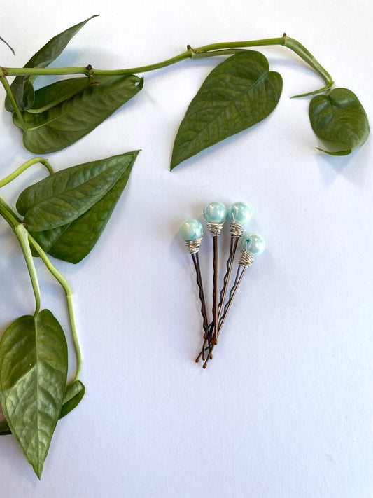 Large Iridescent Teal Beaded Bobby Pins