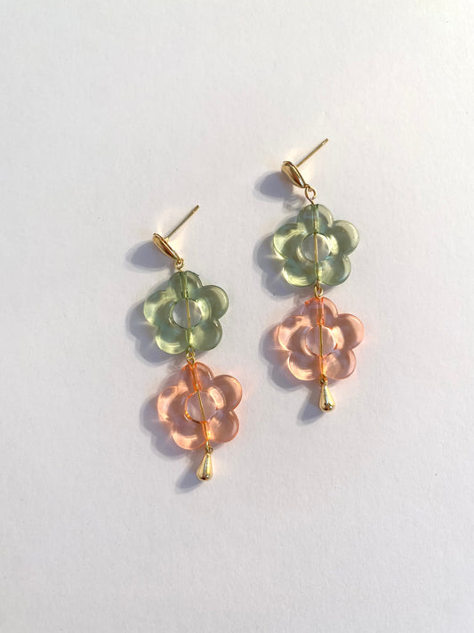 Pastel Pink and Green Flower Earrings with Gold Tear Drop Post
