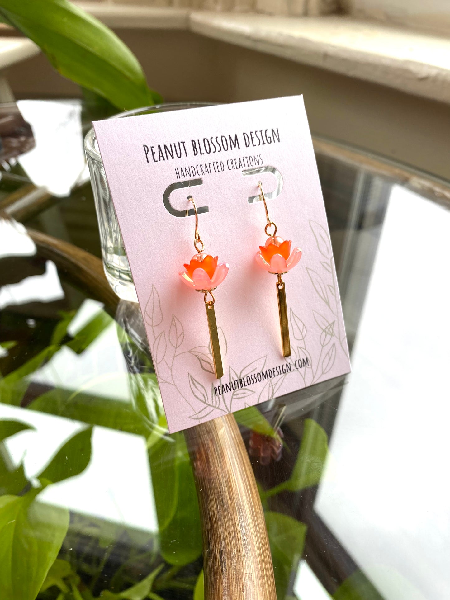 Orange and Pink Tulip Earrings with Gold Dangle Bars