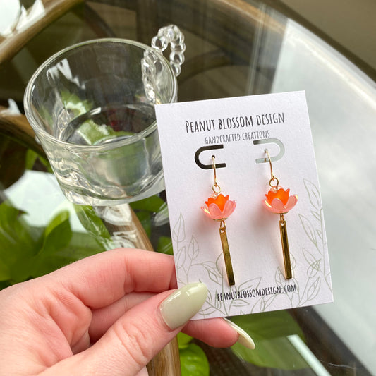 Orange and Pink Tulip Earrings with Gold Dangle Bars