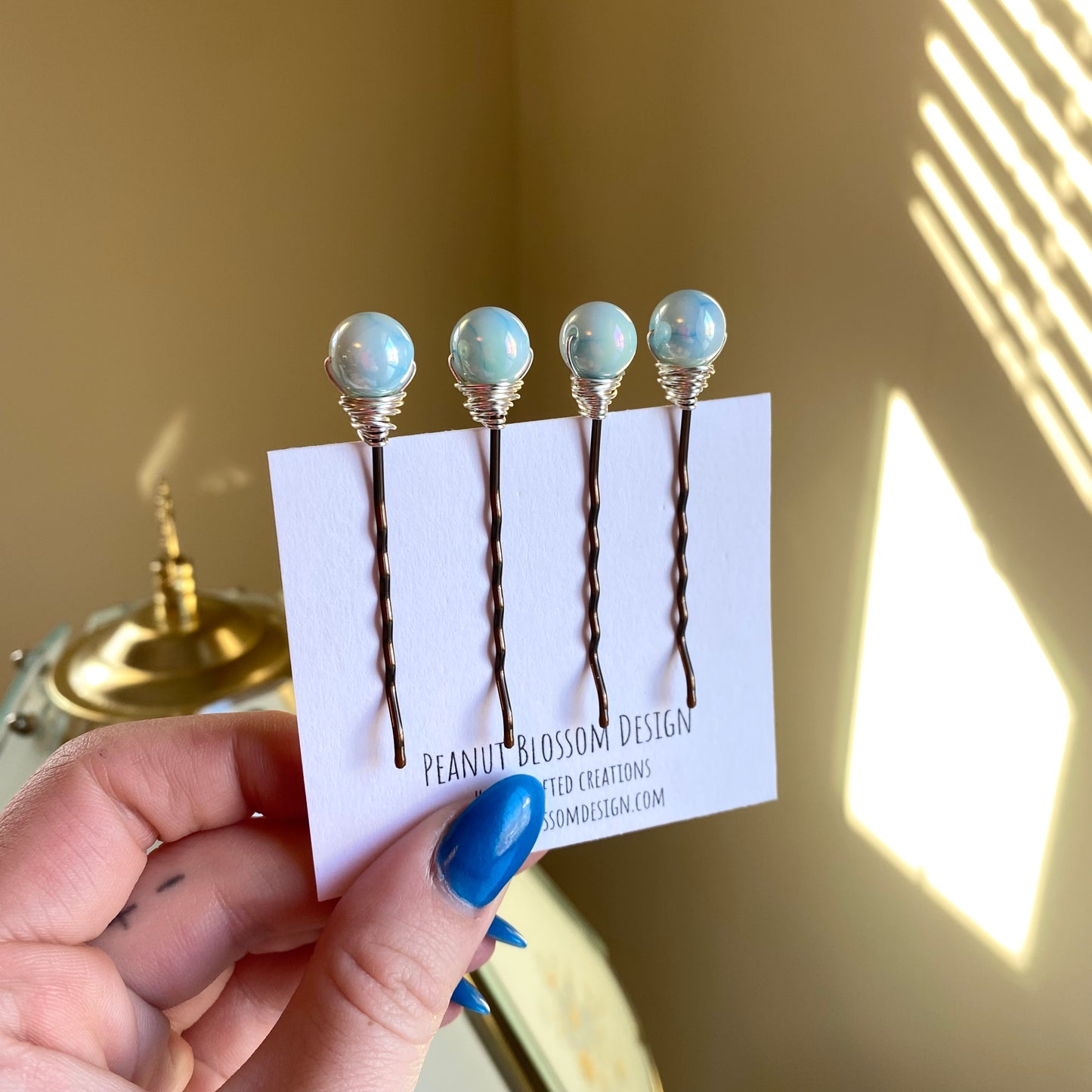 Large Iridescent Teal Beaded Bobby Pins