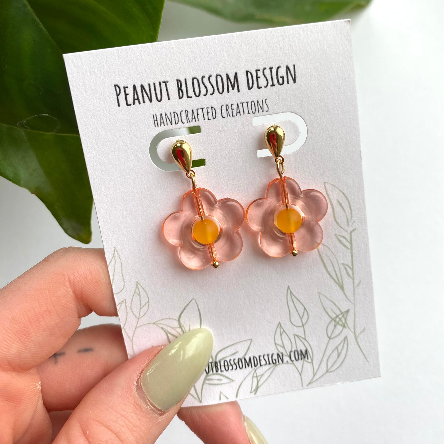 Pink Flower Earrings with a Matte Orange Center
