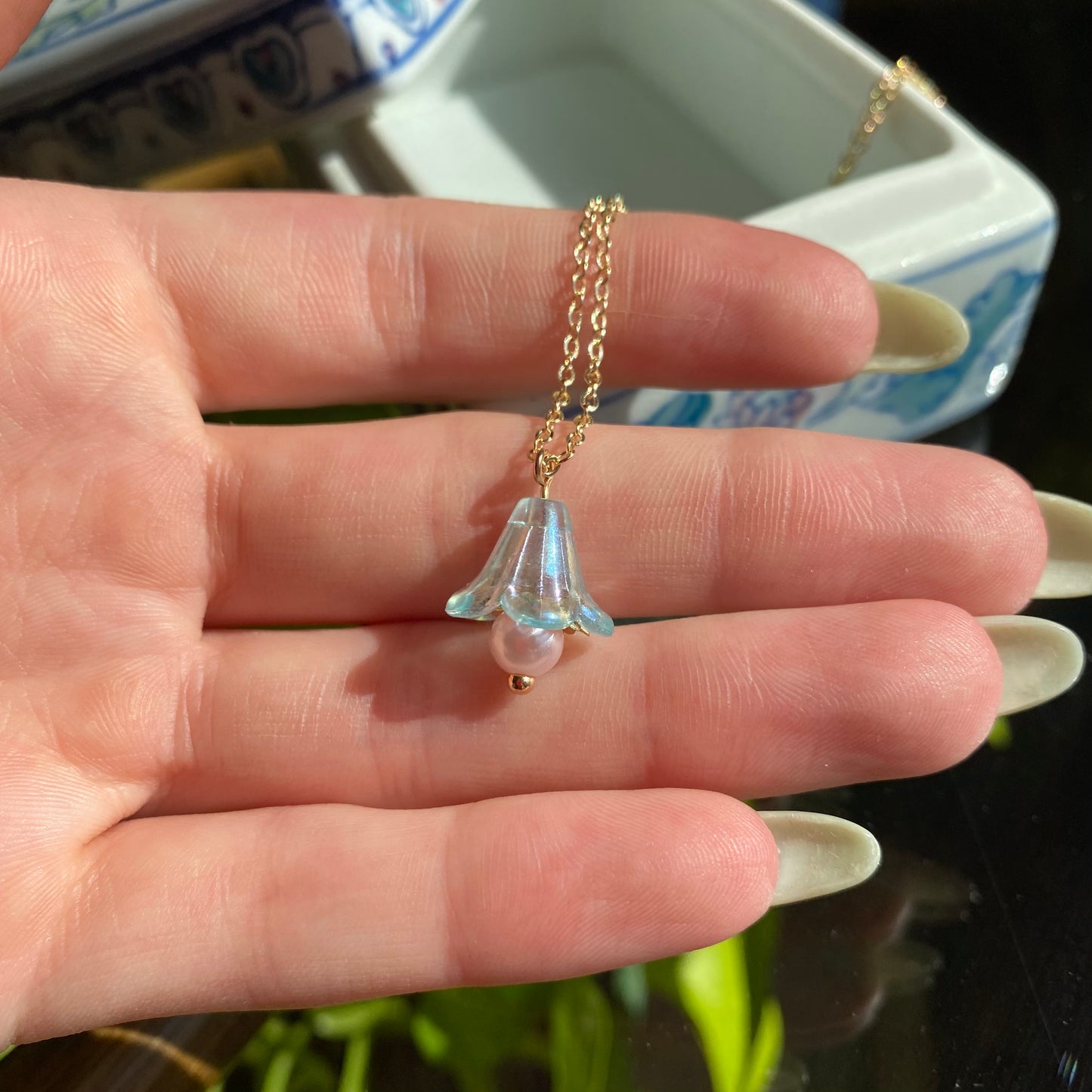 Light Blue Transparent Flower Necklace 18”