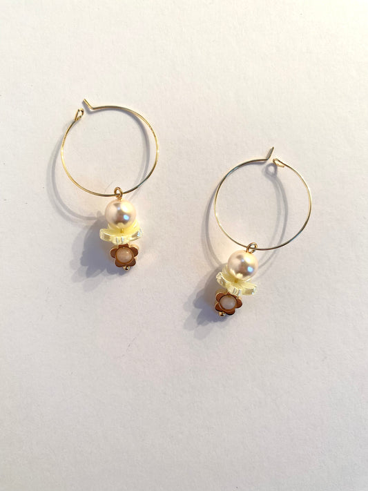 Pink Pearl Bead with Floral Accents Hoop Earrings