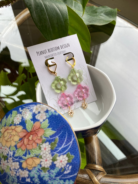 Green and Pink Dangle Flower Earrings