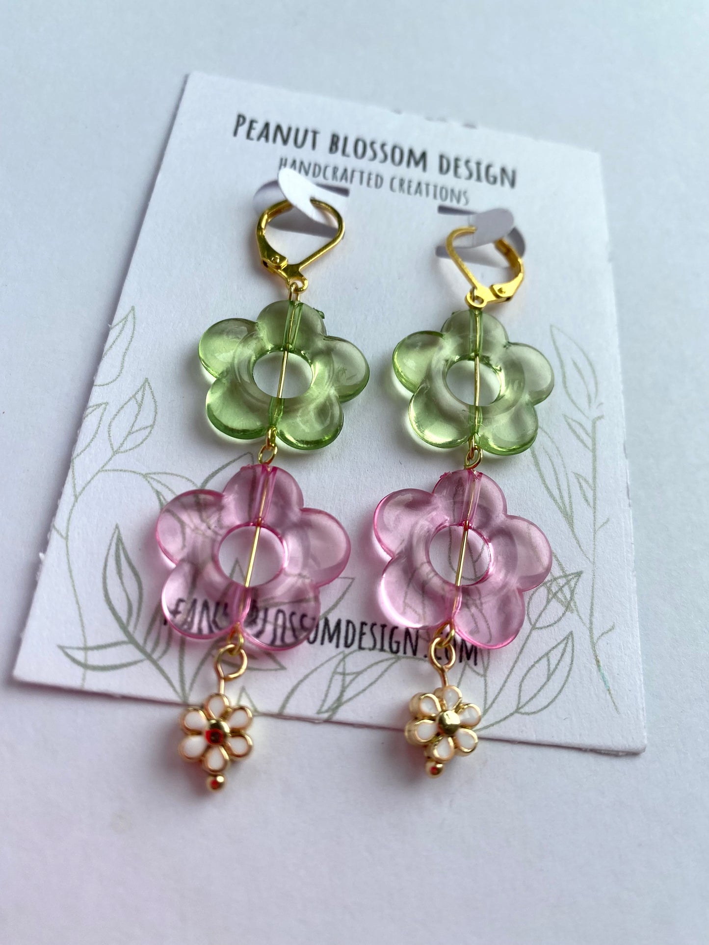 Green and Pink Dangle Flower Earrings