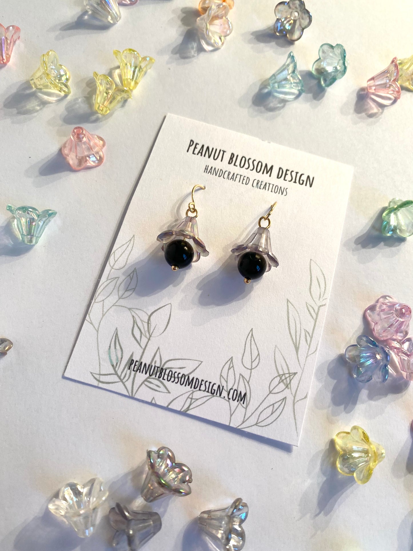 Iridescent Flower and Black Bead Earrings