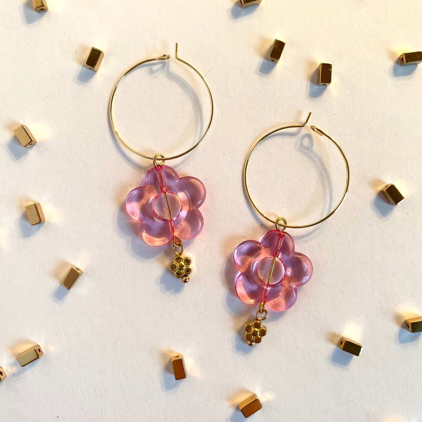Pink Flower Earrings with Small Gold Flowers