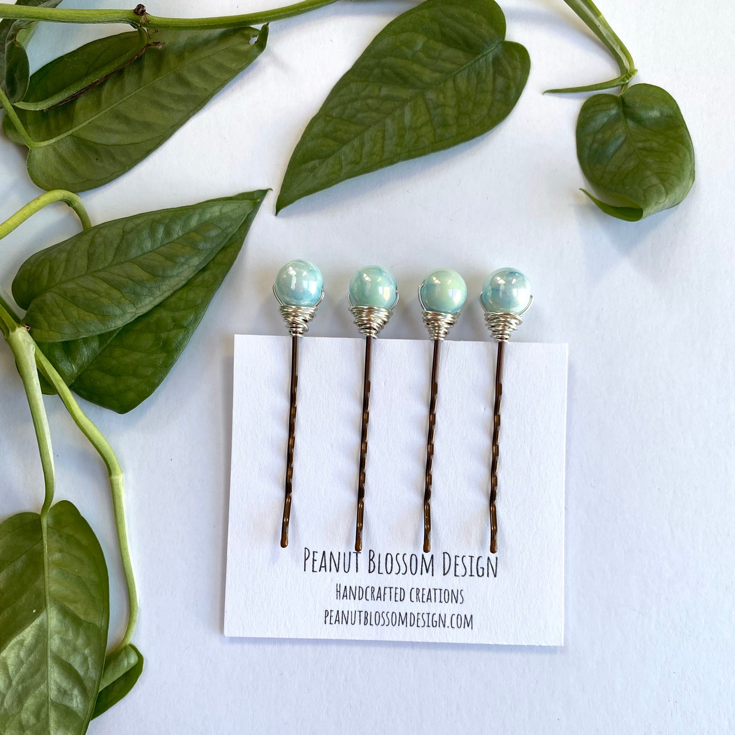 Large Iridescent Teal Beaded Bobby Pins