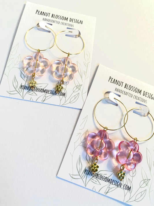 Pink Flower Earrings with Small Gold Flowers